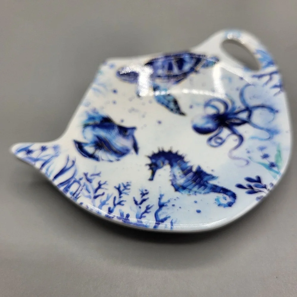 UP Tea Bag Rest Holder Spoon Rest Under Sea Octopus Turtle Seahorse Blue White